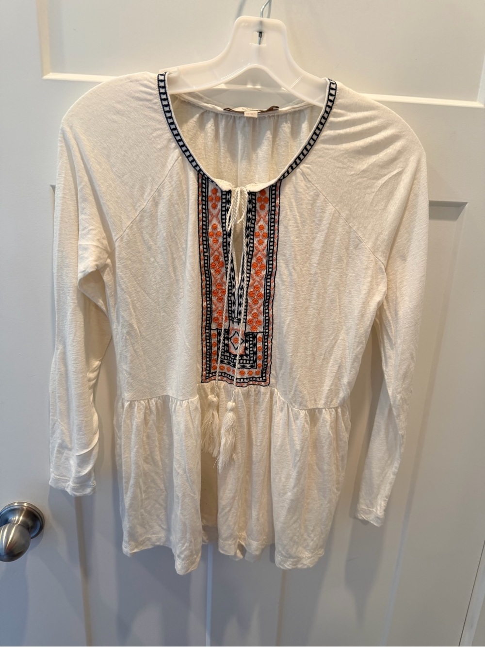 LOFT Linen Blend Embroidered Tassel Peasant Top XS